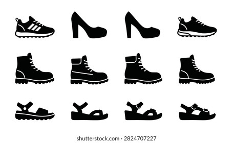 Assorted black silhouettes of different footwear styles including sneakers, high heels, leather boots, and sandals in a clean layout.