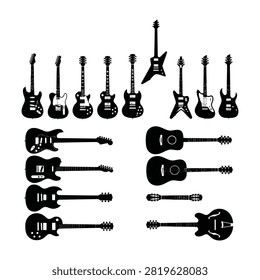 Assorted black silhouettes of electric guitars including solid body and hollow body styles. Ideal for music design, band logos, rock posters, and instrument collections.