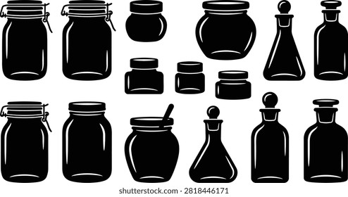 Assorted black silhouettes of glass jars, apothecary bottles, and cosmetic containers with various lids and stoppers on white background.