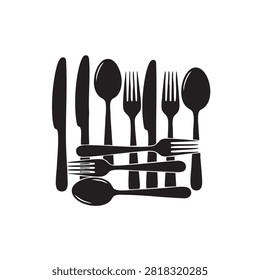 Assorted black silhouettes of silverware featuring knives spoons and forks arranged in a clean composition. These high quality vector dining utensils are perfect for culinary branding restaurant menus catering websites household appliance design and kitchenware promotional material layouts.
