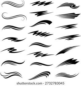 Surtido de diseños de trazo de pincel swoosh remolino negro en superficie blanca limpia