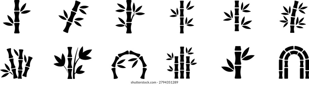 Assorted black vector silhouettes of bamboo plants including single stalks stems with leaves and arched arrangements perfect for asian style graphic design and nature art.
