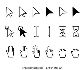 Assorted black and white cursor icons with arrows, pointers, hourglass and hands for use as design elements, vector illustration