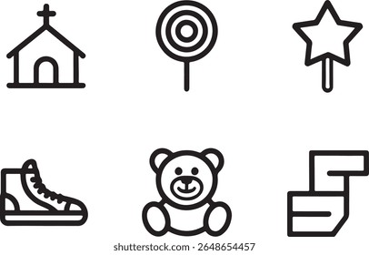 Assorted Black and White Iconography Featuring Church, Lollipop, Star, Shoe, Stuffed Bear, and Information Page Symbols in a Creative Grid
