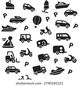 Assorted black and white icons of various vehicles and transportation methods