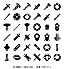 Assorted black and white illustrations of screws bolts washers nuts and other mechanical fasteners arranged neatly in a grid pattern