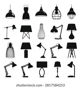 Assorted black and white silhouette lamps including pendant lights floor lamps desk lamps and table lamps isolated on transparent background