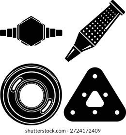 Ícones variados de equipamentos técnicos em preto e branco ilustrando várias peças mecânicas e ferramentas isoladas no fundo branco, Vetor