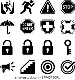Assorted black and white warning safety and security icons featuring locks keys signs and symbols