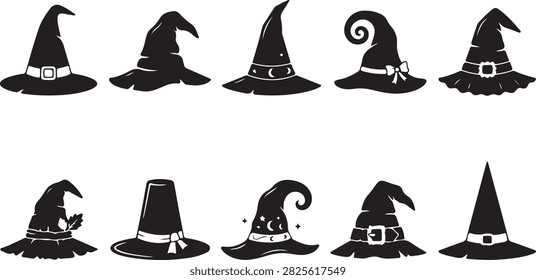 Assorted black witch hats with different styles and decorations isolated on transparent background