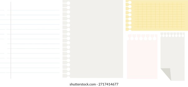 bloco de anotações espiral em branco variado, folhas de papel com grades e linhas em várias cores no fundo transparente	