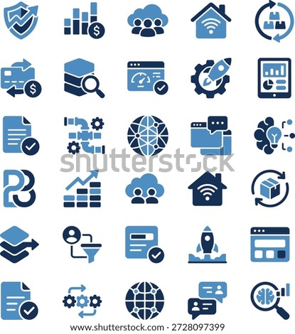 Assorted blue icons representing various technology concepts and tools