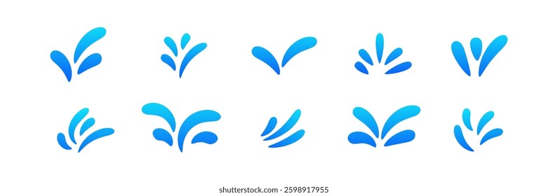 Assorted blue water splash designs create an artistic look with different shapes and patterns.