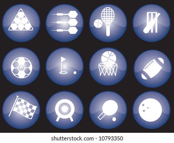 Assorted blue-glazed sports icons and buttons