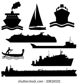 assorted boat silhouettes ferry tanker yacht and gondola