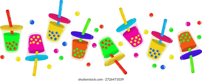sortierte boba Milch Blase Tee Fruchtgetränke in Plastikbechern mit bunten Stroh horizontale Banner Design für Café-Menü
