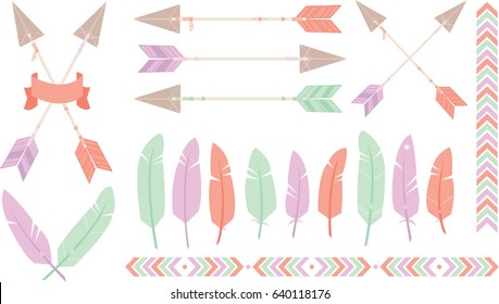 Assorted bohemian inspired tribal arrow and feather vectors in cute pastel colors