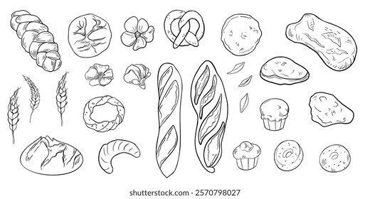 Assorted bread and baked goods hand drawn black and white vector illustrations isolated. Baguette, croissant, rye loaf, muffins, wheat ear, and challah line art painted for culinary, bakery packaging.