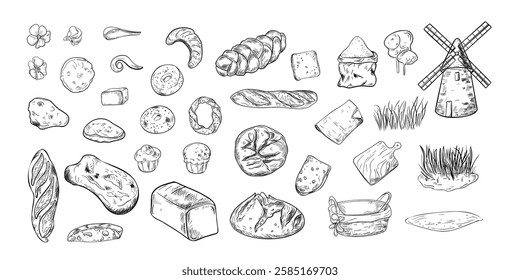 Assorted bread and baked goods hand drawn black white vector illustrations. Set of windmill, basket, cutting board, flour and landscape parts. Baguette, rye loaf, wheat ear and flax monochrome drawing