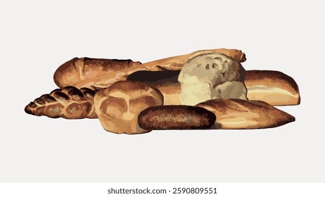 Assorted breads illustration featuring various types of bread like baguette, roll, and loaf. Bread variety includes baguette, roll, and loaf in a digital art style. Vintage illustration, vector.