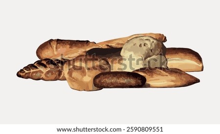 Assorted breads illustration featuring various types of bread like baguette, roll, and loaf. Bread variety includes baguette, roll, and loaf in a digital art style. Vintage illustration, vector.