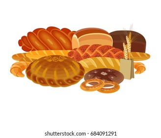 Assorted breads isolated on a white background. Vector Illustration.