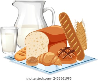 Assorted breads and milk on a blue napkin.