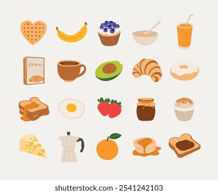 Assorted breakfast food icons. Simple, flat-style illustrations of breakfast foods like fruits, pastries, and drinks. Ideal for food-themed designs, menus, or nutrition content.