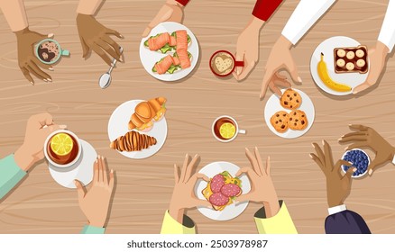 Assorted breakfast items on a wooden table. Vector illustration