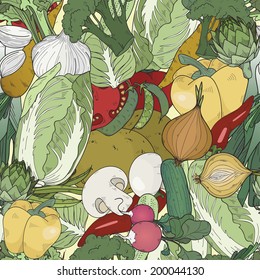 Assorted  bright color vegetables green background vector seamless pattern