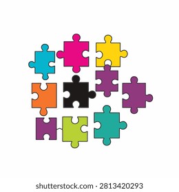 Assorted brightly colored geometric puzzle pieces in a random arrangement on a plain background