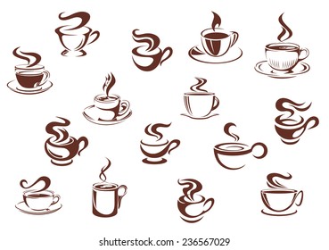 Assorted brown cups of hot coffee in sketch style isolated on white for cafe and restaurant menu design