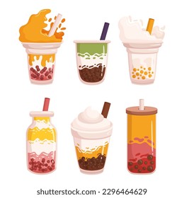 Assorted Bubble Tea. Variety Of Sweet And Refreshing Beverages Made With Flavored Tea, Milk, And Chewy Tapioca Pearls. Perfect For A Unique And Fun Drink Experience. Cartoon Vector Illustration