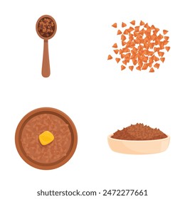 Assorted buckwheat food illustrations in vector format for healthy. Glutenfree. And vegetarian breakfast and meal design. Featuring raw and cooked grain. Groats. Porridge. Kasha