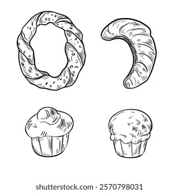 Assorted buns and bread rings black white vector illustration isolated. Brioche, simit, croissant and bagel hand drawn monochrome sketch. Set of buns outline for packaging, bakery, culinary.