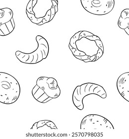 Assorted buns and bread rings black white vector seamless pattern isolated . Brioche, simit, croissant and bagel hand drawn monochrome linear sketch. Buns on repeated texture for packaging, textile.