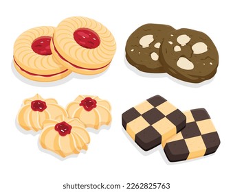 Assorted butter cookies - Jam ring sandwich biscuits, Chocolate almond cookies, Round decorated cookies, Checkerboard cookies