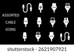Assorted cable icons. HDMI and USB Cable Black and White, Electric Power Plug Icons.