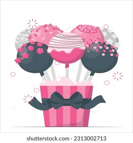 Sortierte Kuchenpferde mit Sprinklen. Der süße Kuchen ist flach. Vektorgrafik für Karte, Logo, Badge, Symbol, Karte, Poster, Einladung, Banner, Hintergrundvorlage. Grafikdesign.
