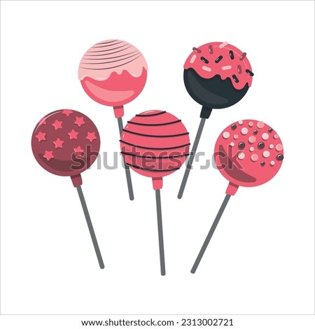 Assorted cake pops with sprinkles. Sweet cake pops in flat style. Vector illustration for card, logotype, badge, icon, card, poster, invitation, banner, background template. Graphic design.