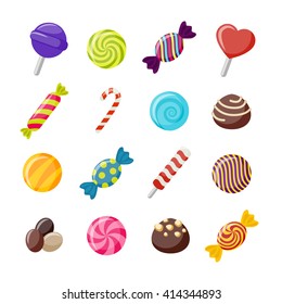 Assorted candies decorative flat icons set with twisted round sweets chococlates with nuts lollipops isolated vector illustration  