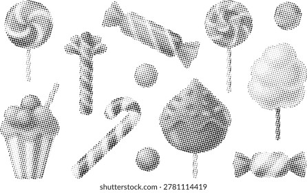 Assorted candy themed graphics including lollipops sweets cotton candy and peppermint stick with stylish halftone dot design.