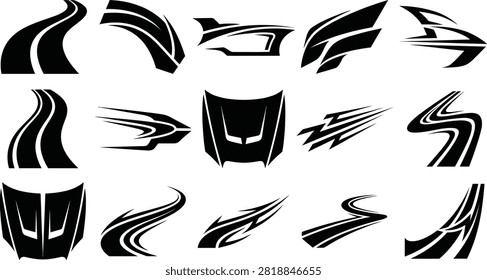 Assorted car body racing stripes, and hood decals for vehicle customization, shown as black silhouettes on a white background.