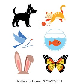 Animales de dibujos animados surtidos, incluyendo peces de perro gato pájaro