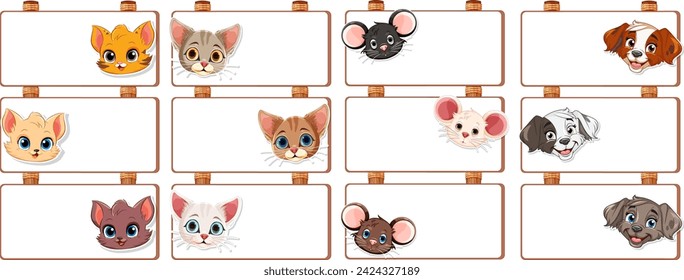 Assorted cartoon cats and dogs on wooden frames