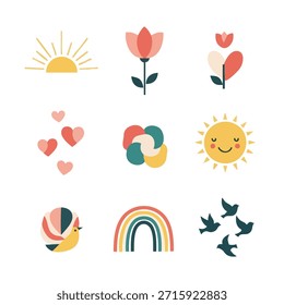 Diversas ilustraciones de estilo de dibujos animados que incluyen sol, flores, corazones, arco iris y aves