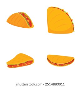 Assorted cartoon tacos set with delicious ingredients for a customizable, tasty, and fast mexican meal, designed as vector illustrations for menus, digital art, and restaurant concepts