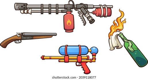 Assorted Cartoon Weapons. Vector Clip Art Illustration With Simple Gradients. Each On A Separate Layer.
