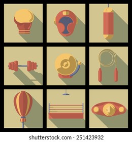 Assorted Cartooned Fitness and Training Equipment Icons in Squares. Flat design style.