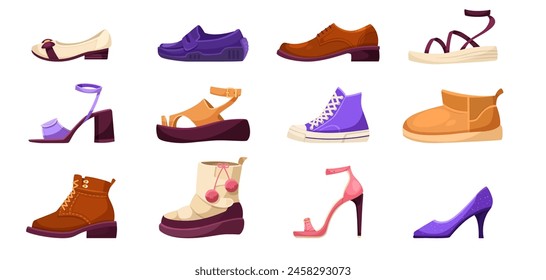 Surtido de zapatos de estilo de dibujos animados sobre un fondo blanco, que ilustra una variedad de tipos de calzado. Ilustración vectorial